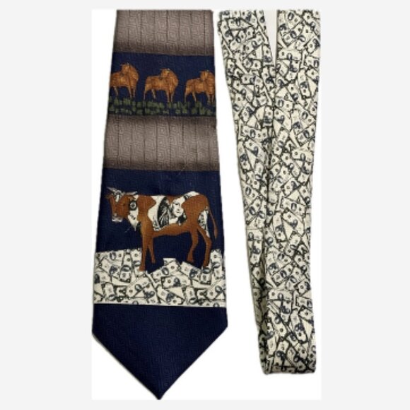 Renaissance Hand Made Tie Classic Cut Blue/Brown/White Cash Cow 100% Polyester - Picture 1 of 4